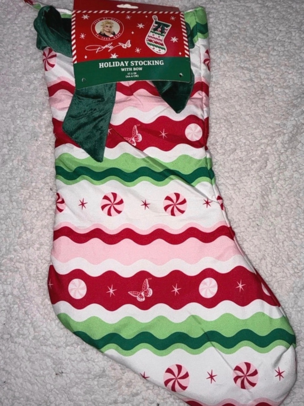 NEW Dolly Parton Christmas Stocking 17.5 Green Velvet Bow Peppermint Stripes